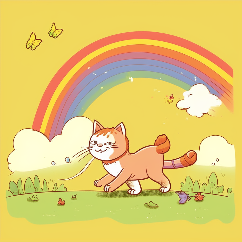 A cartoon cat chasing a butterfly at the end of a rainbow