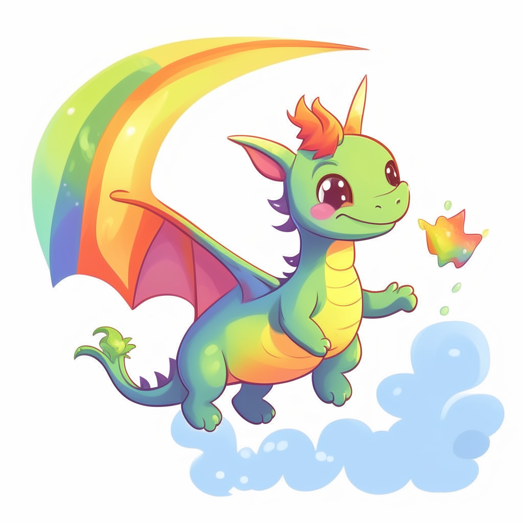 A cartoon baby dragon flying over a rainbow, its tiny wings fluttering quickly