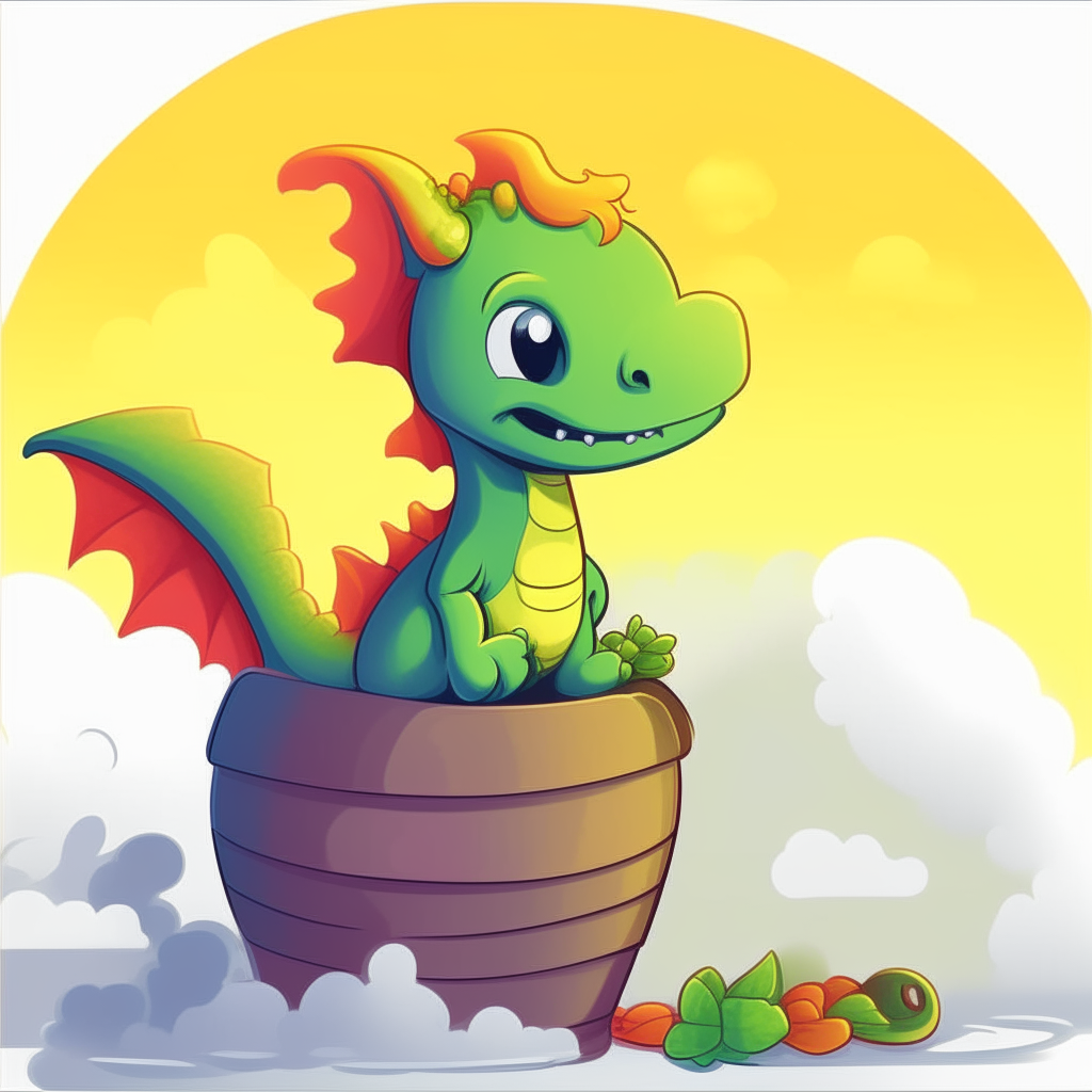 A cartoon baby dragon perched at the end of a rainbow, gazing at the pot of gold below