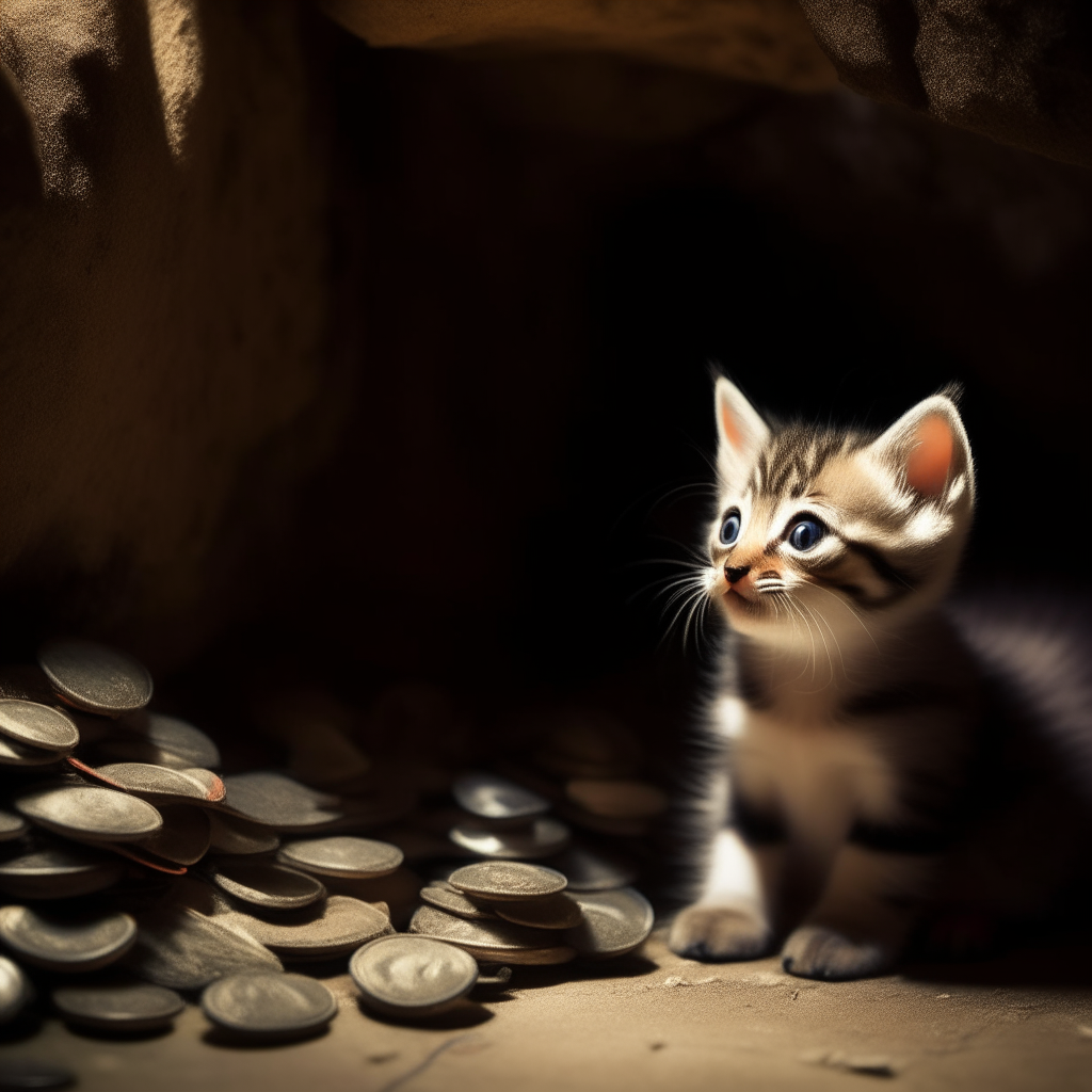 A cute kitten sitting in a small cave, looking at a pile of coins.
