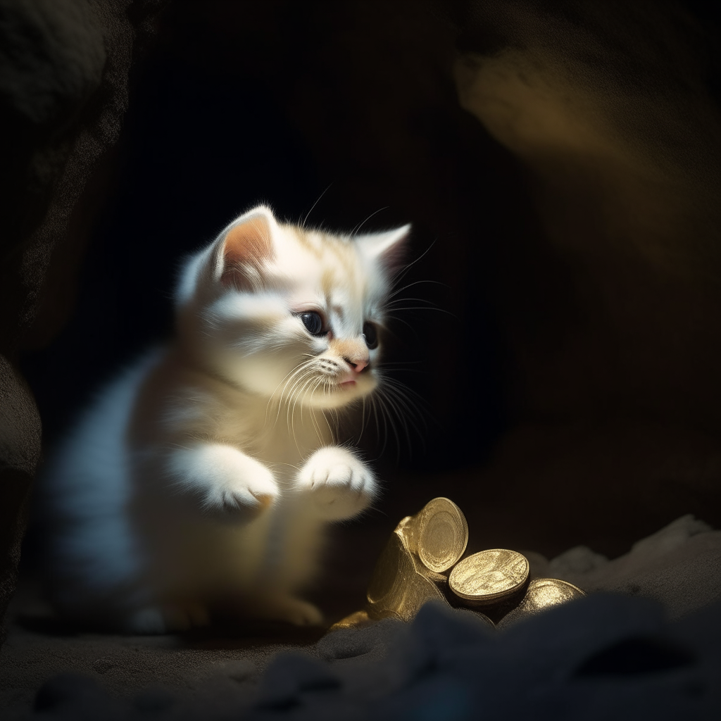 A fluffy white kitten pawing at a gold coin in a dimly lit stone cave.