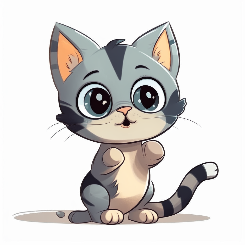 A cute cartoon kitten sitting on its hind legs, holding out a paw and giving puppy dog eyes, hoping for some coins.