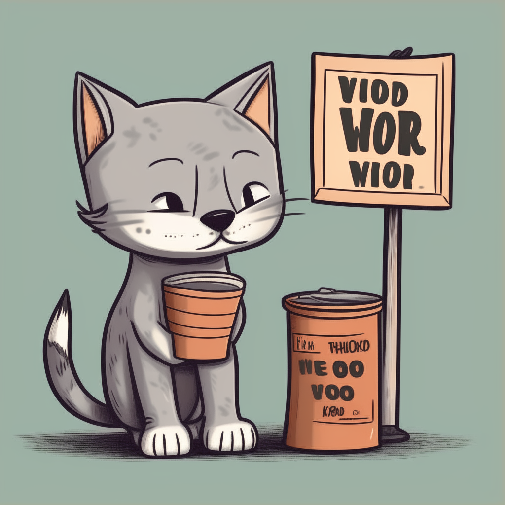 An adorable cartoon kitten standing on a city sidewalk, wearing a paper sign that says 'Will work for food', next to a tin can accepting donations.