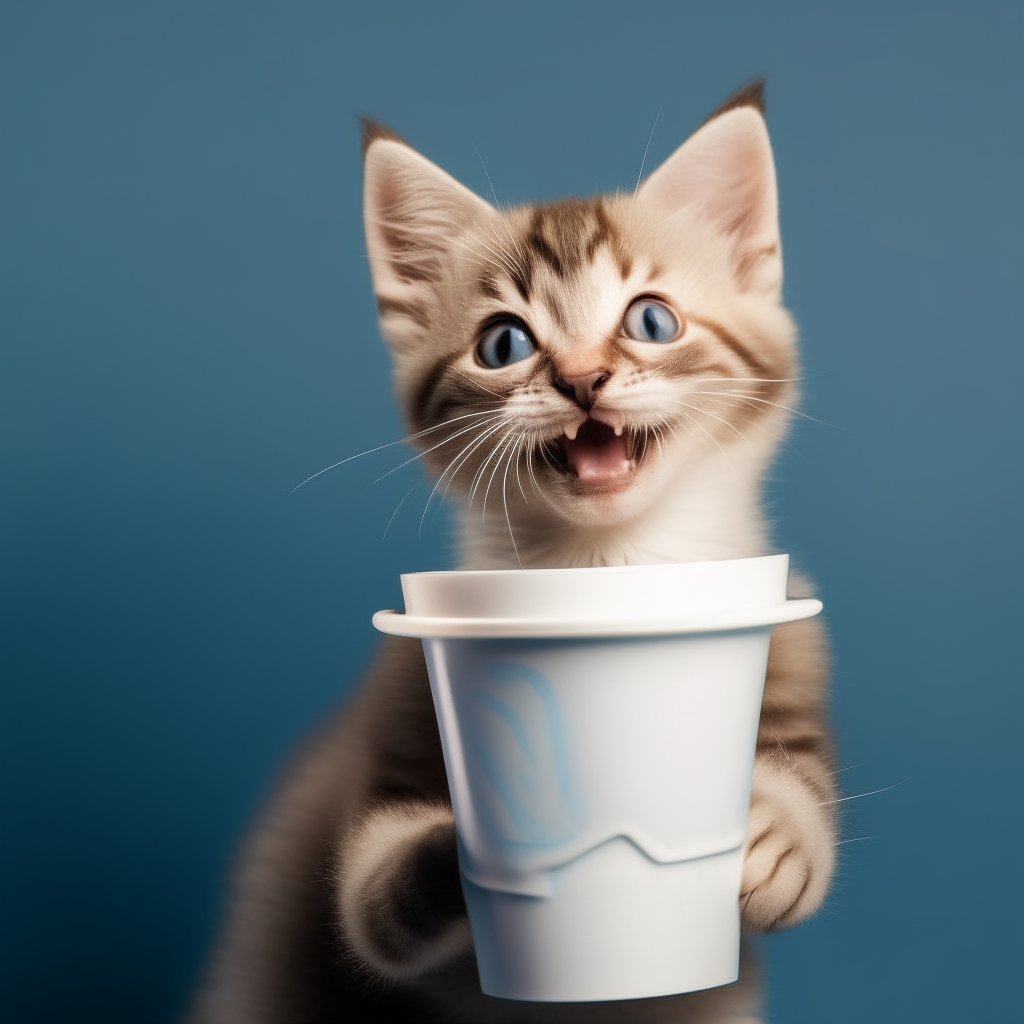 A smiling kitten holding a paper cup, asking for donations with a hopeful expression.
