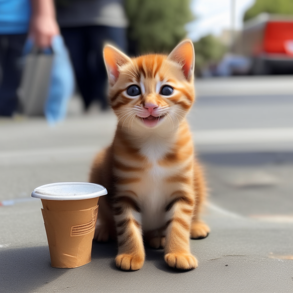 A smiling orange tabby kitten sitting on a sidewalk, holding a paper cup and giving a pleading look to passersby.