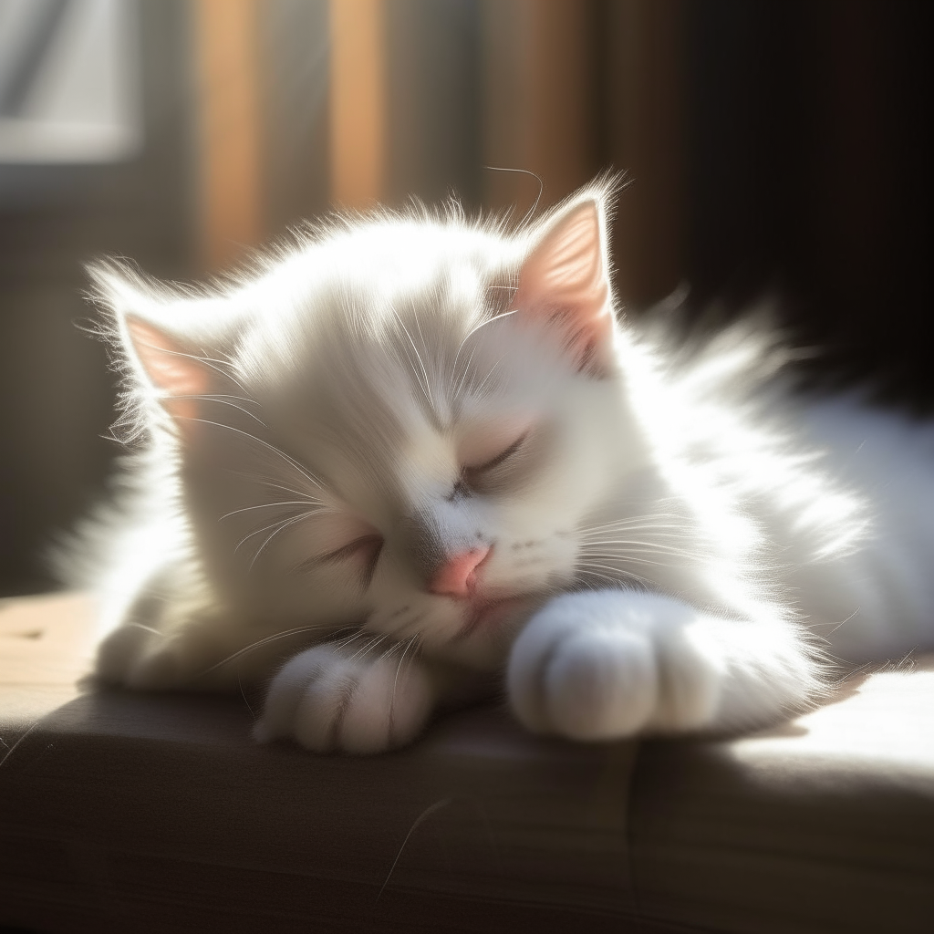 A fluffy white kitten napping in a sunbeam