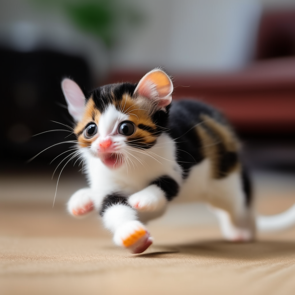 A playful calico kitten pouncing on a toy mouse