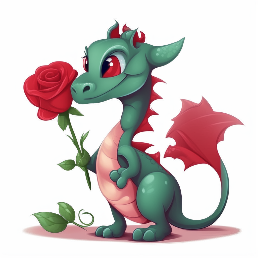 A cute little cartoon dragon sniffing a red rose