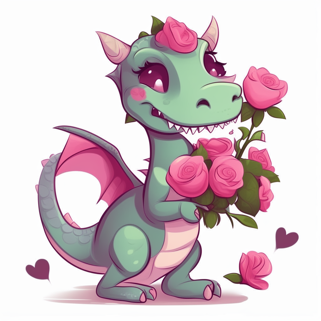 A cute little cartoon dragon smelling a bouquet of pink roses