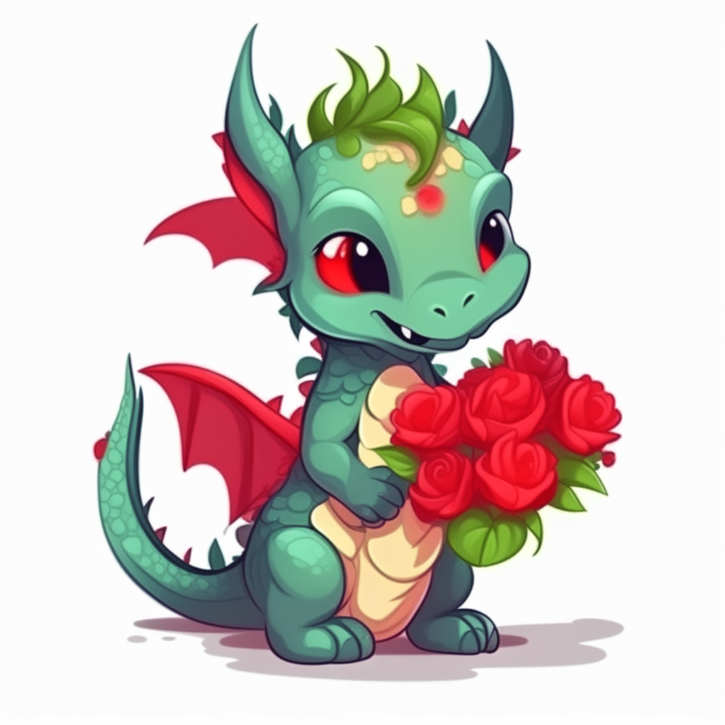 Cute cartoon baby dragon holding a bouquet of red carnations