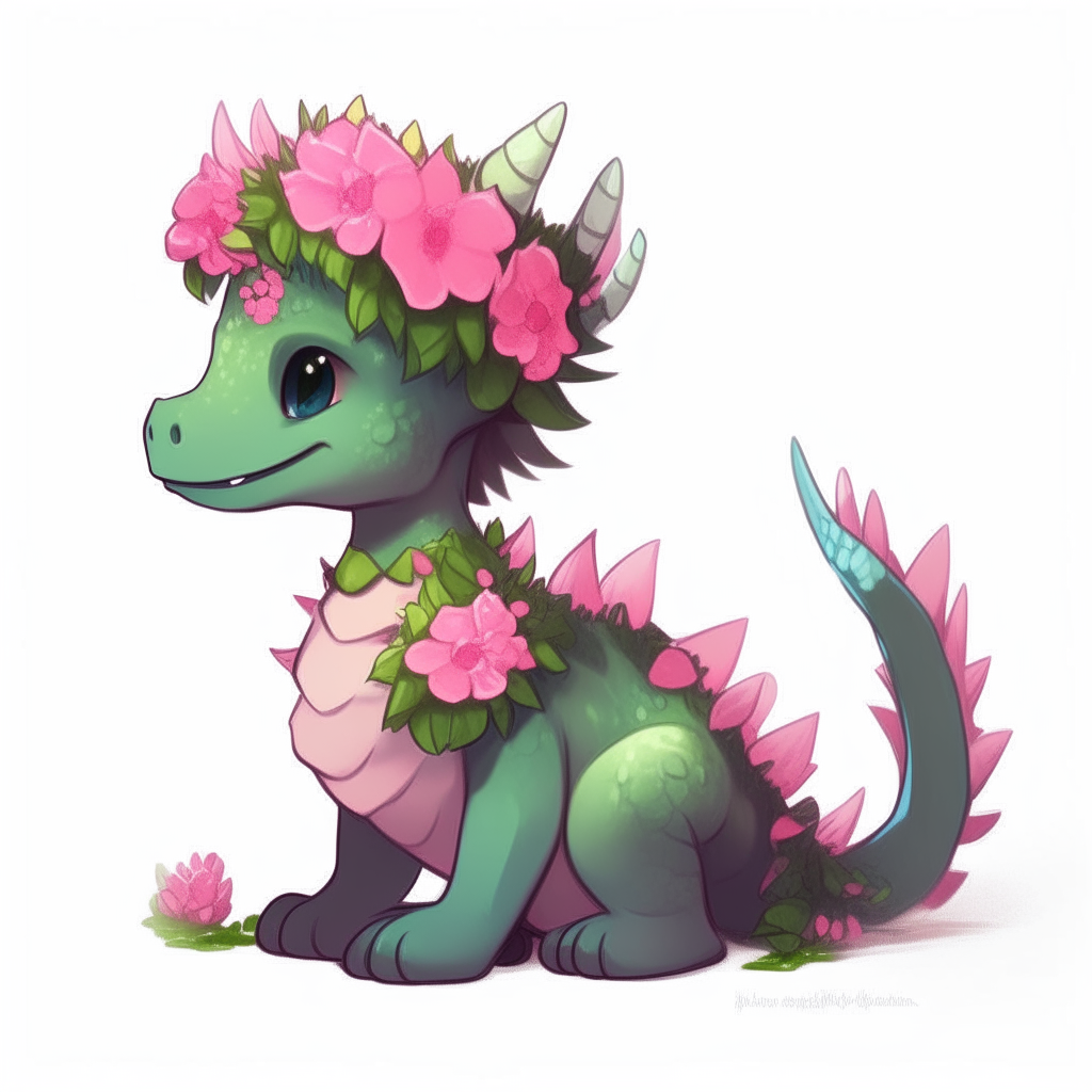 Side view of a cartoon baby dragon wearing a crown of pink carnations