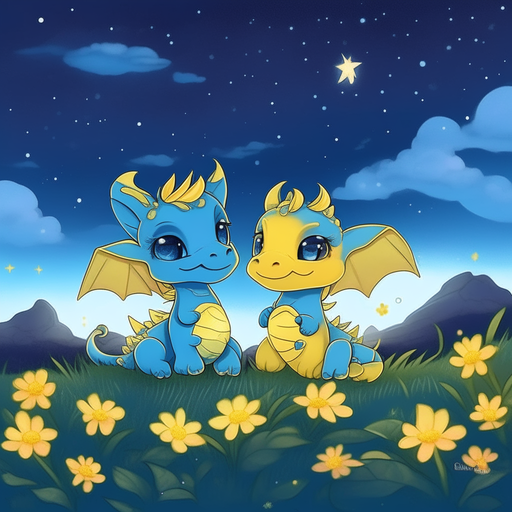 Cartoon baby dragons sitting back-to-back amid a field of yellow and blue flowers, with stars overhead