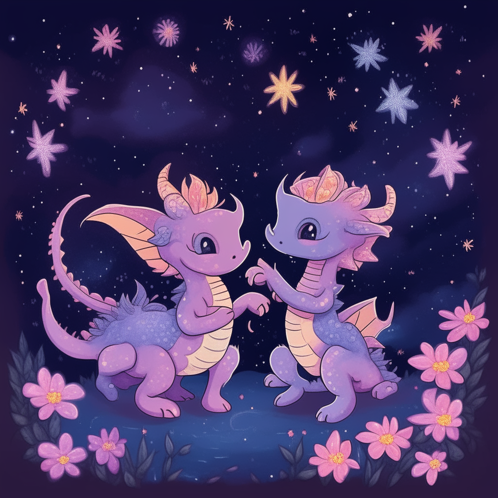 Cartoon baby dragons dancing together under a night sky filled with pink and purple flowers and stars