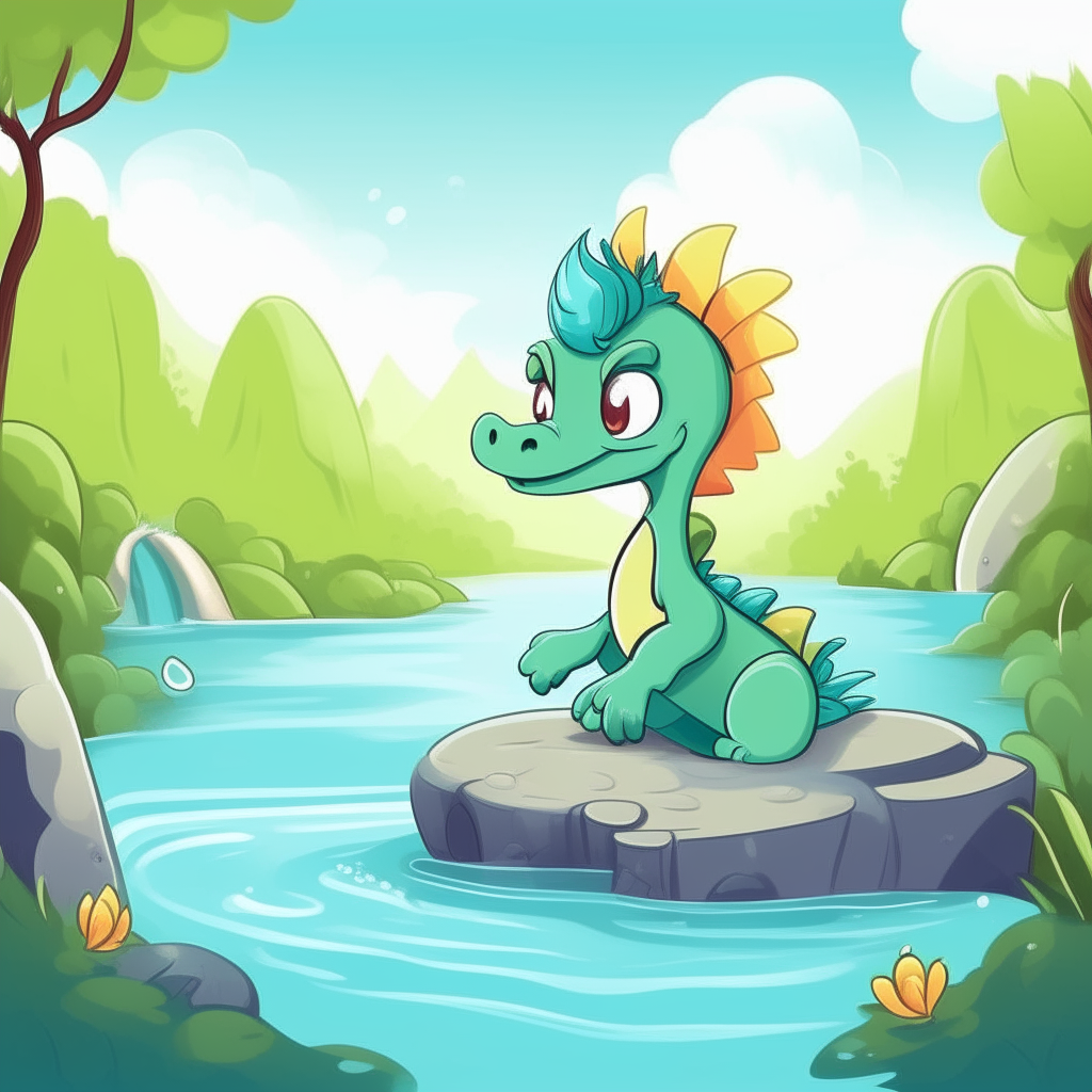 Cartoon baby dragon sitting on the edge of a spring, gazing at the flowing water