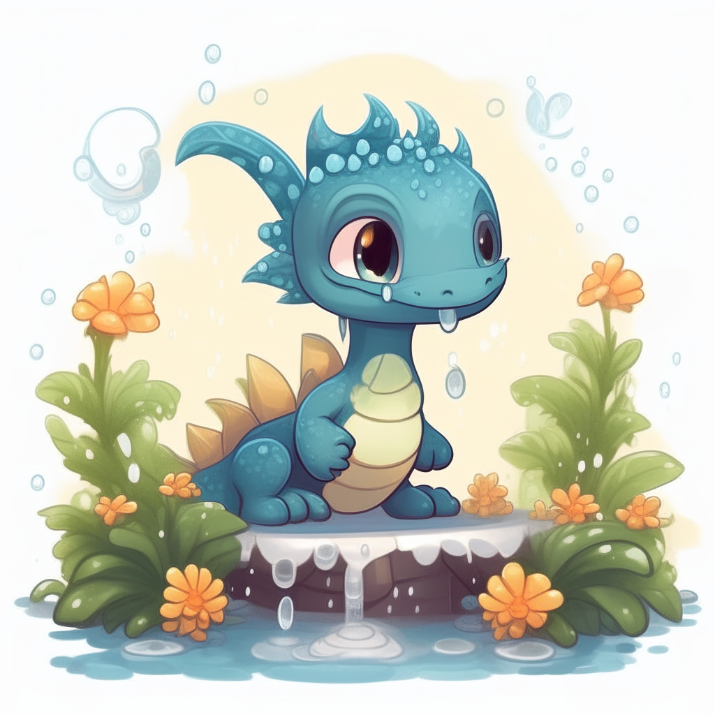 Cartoon baby dragon peeking out from behind a flowering bush next to a bubbling fountain