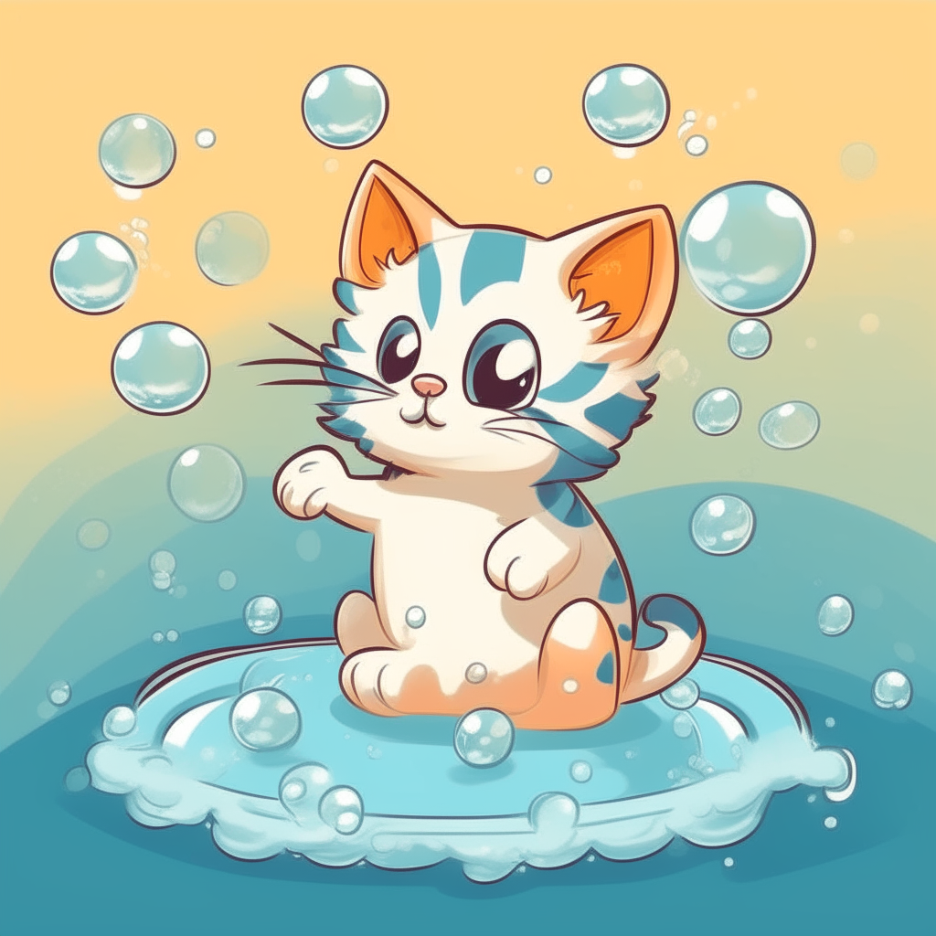 Cartoon kitten pawing at bubbles in a bubbling fountain