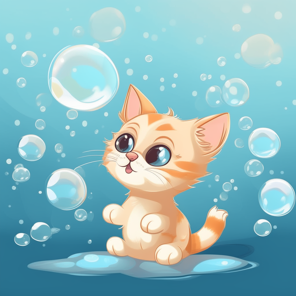 Cartoon kitten batting at a cluster of soap bubbles floating in the air
