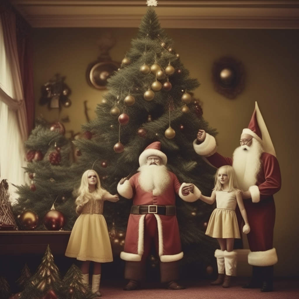 wide angle of Santa and 2 female elves hanging ornaments on a Christmas tree. vintage.