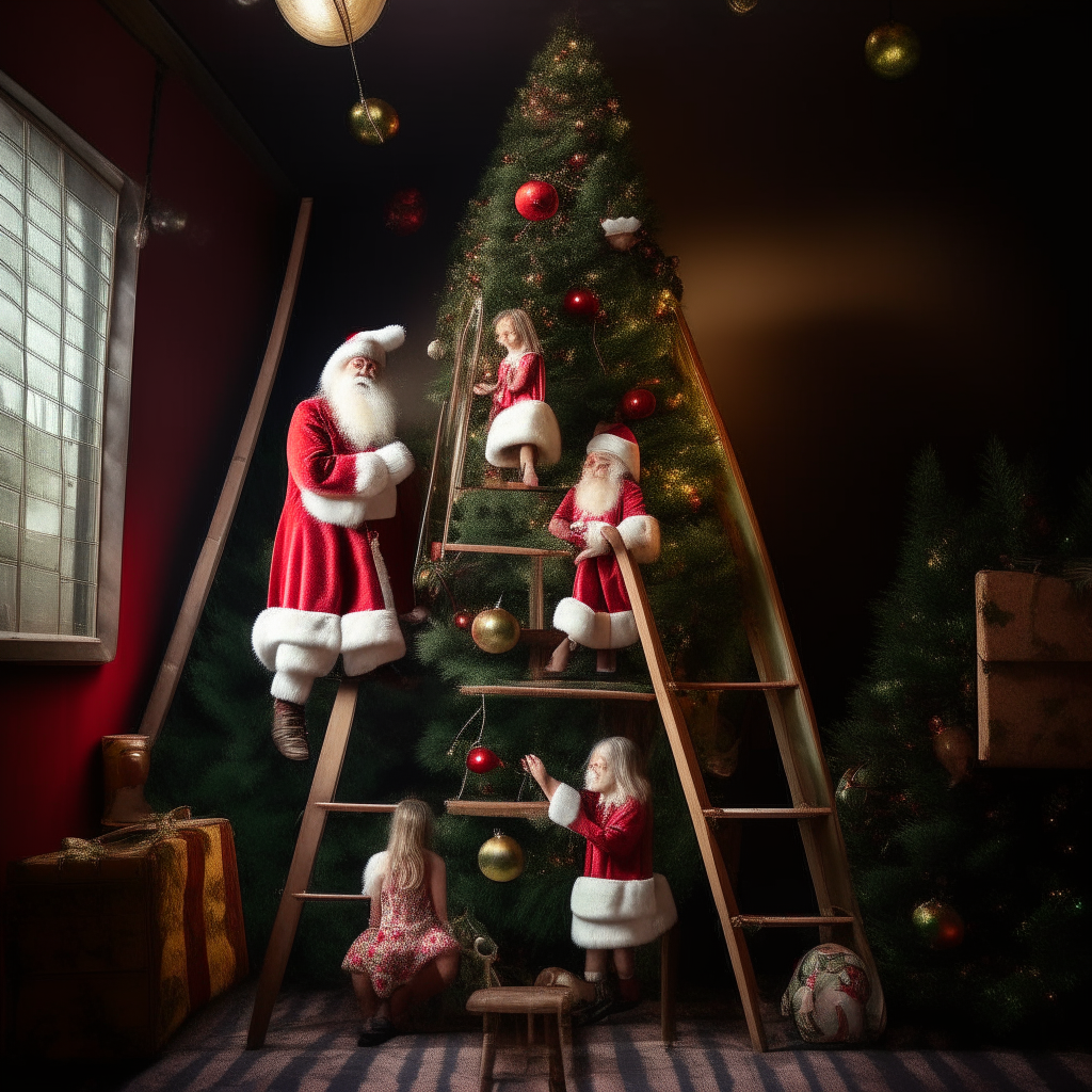 wide angle of Santa and 2 females in santa themed skirts standing on a ladder hanging ornaments on a Christmas tree while santa holds the bottom of the ladder.