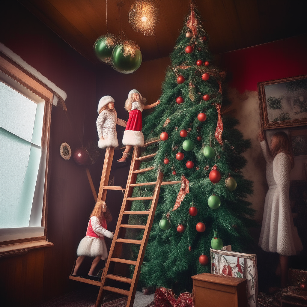 wide angle of a christmas tree and 2 females in santa themed skirts standing on a ladder hanging ornaments on a Christmas tree while santa holds the bottom of the ladder.