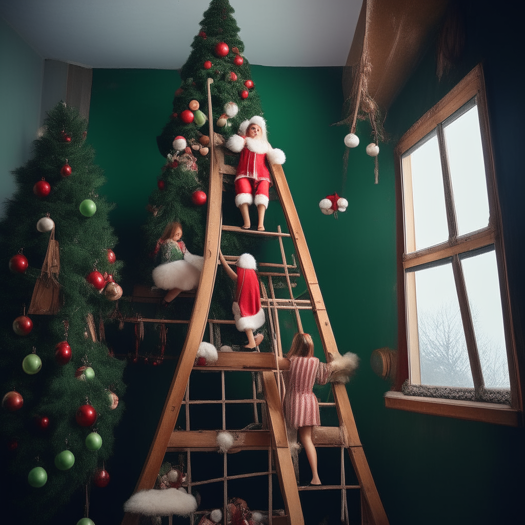 wide angle of a christmas tree and 2 females in santa themed skirts standing on the top of a ladder hanging ornaments. santa holds the bottom of the ladder.