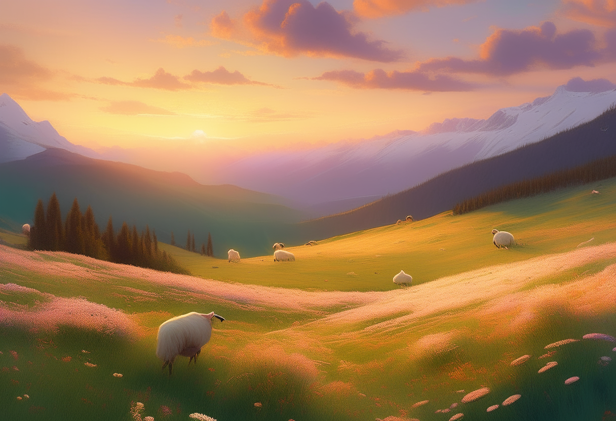 A wide-open alpine meadow surrounded by gentle rolling hills, lit by the warm glow of the setting sun. Wildflowers of every color dot the grass, swaying softly in the breeze. Tall peaks loom in the distance, their snowy caps turning rosy in the fading light. The only sounds are birdsong and the distant bleat of a lone sheep.