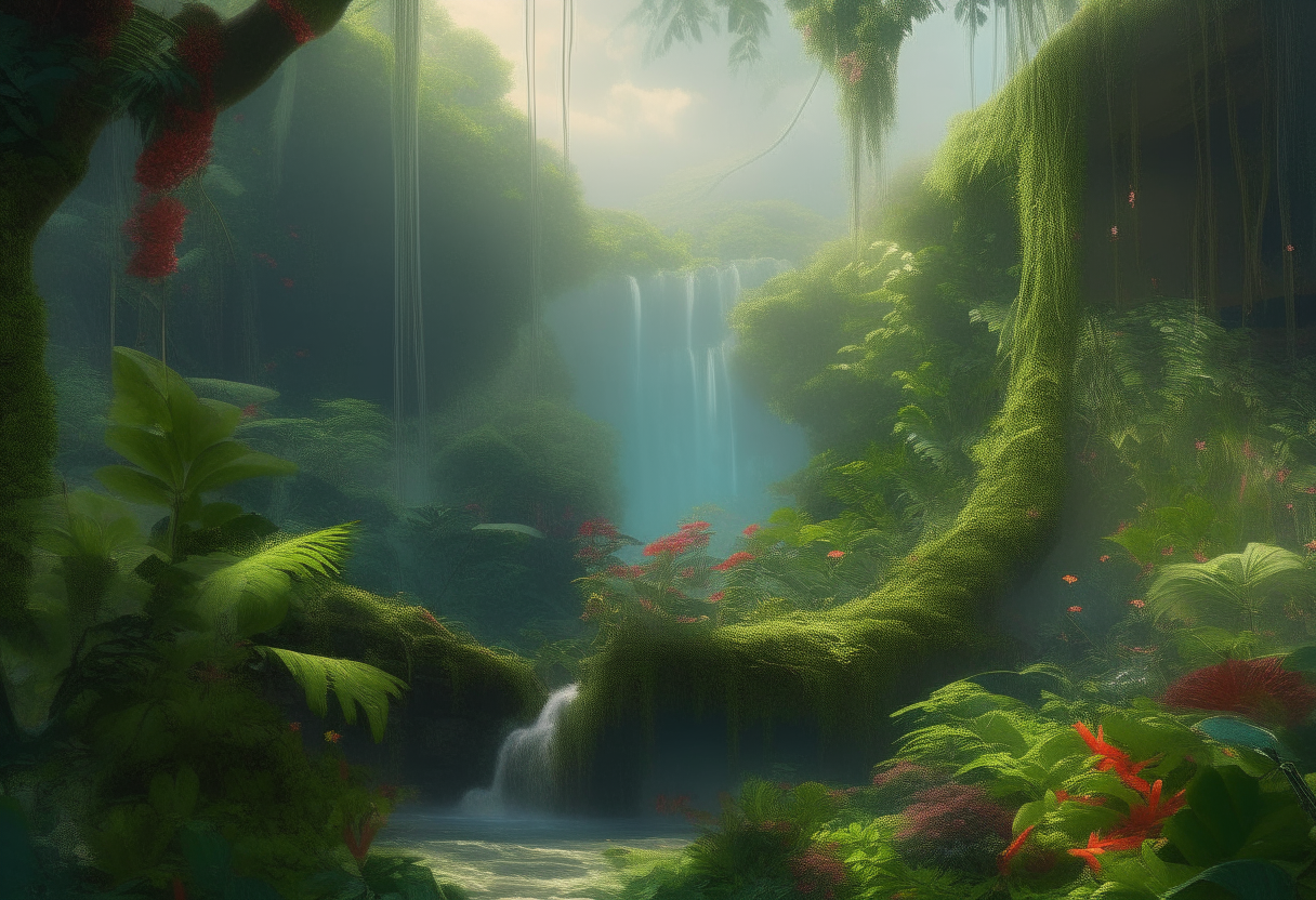 A dense tropical jungle interior with a tall waterfall, swaying foliage and brightly colored butterflies