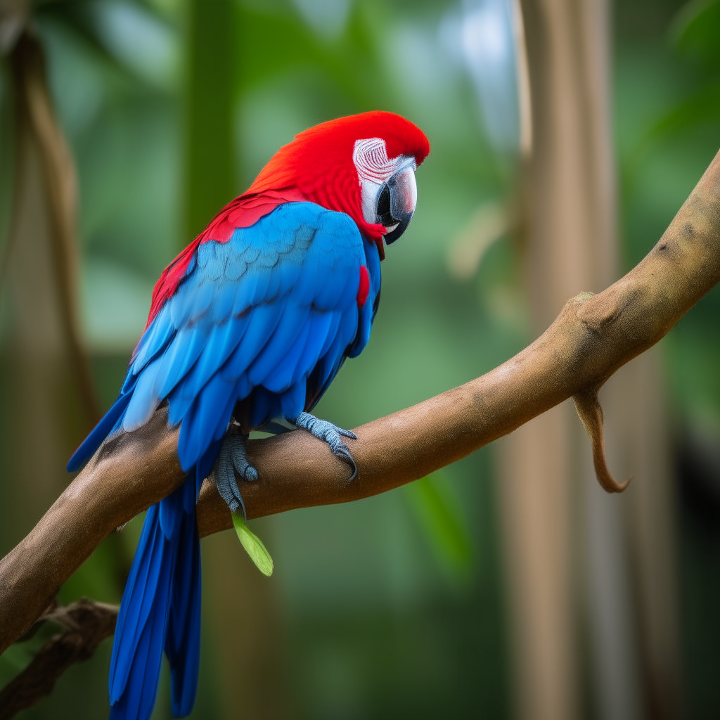 A vibrant blue and red macaw perched on a tree branch