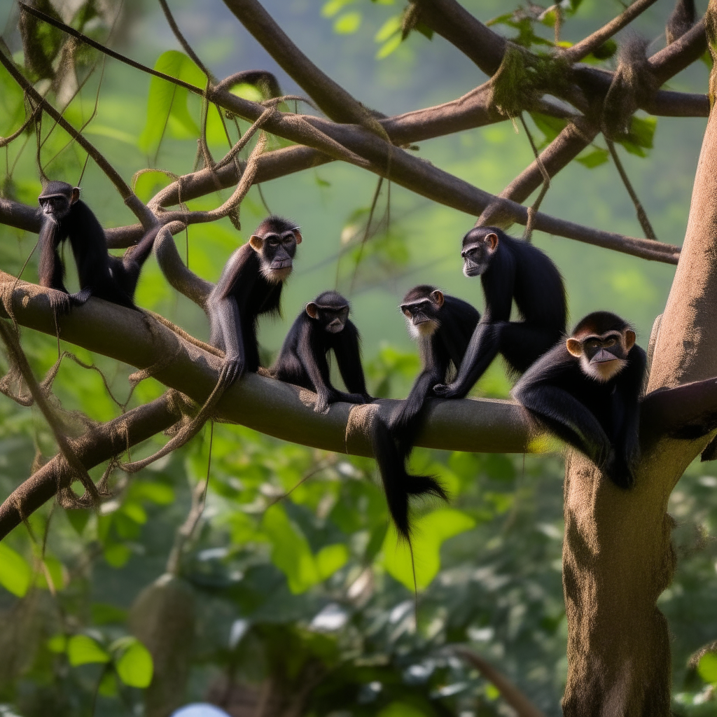 A group of spider monkeys swinging through the treetops