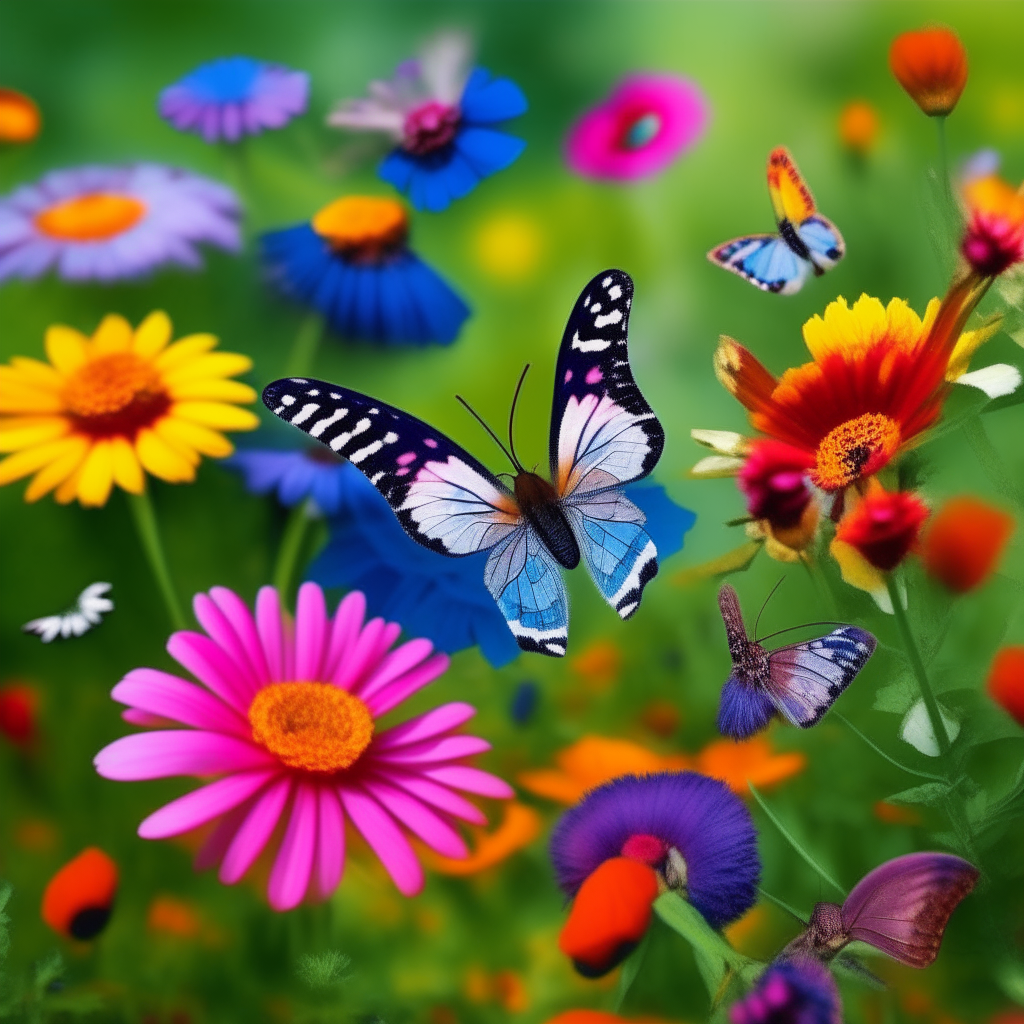 Brightly colored butterflies floating among flowers