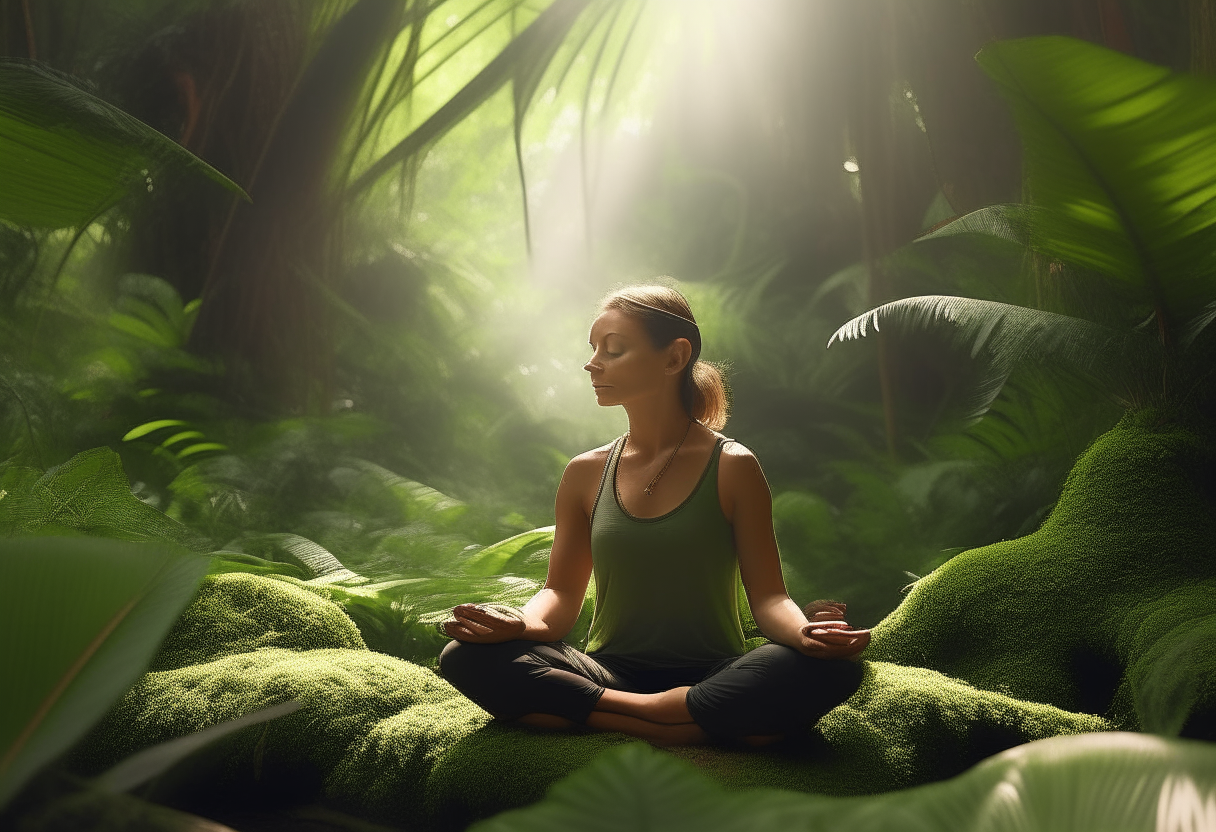 A woman sits cross-legged on soft moss under large green leaves, meditating with a serene expression as sunlight filters through in a tropical jungle interior.