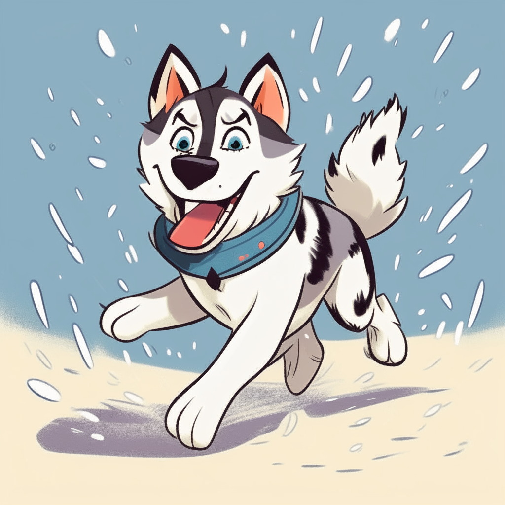 A cute cartoon husky running joyfully through the snow, its tongue hanging out as it leaves paw prints behind