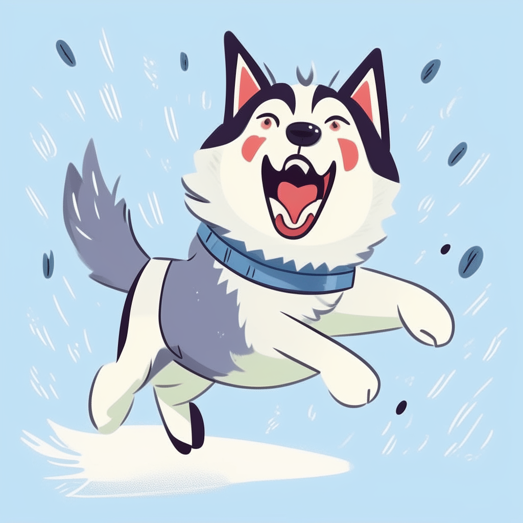 A cute cartoon husky leaping through the air on a snowy day, its tail wagging happily