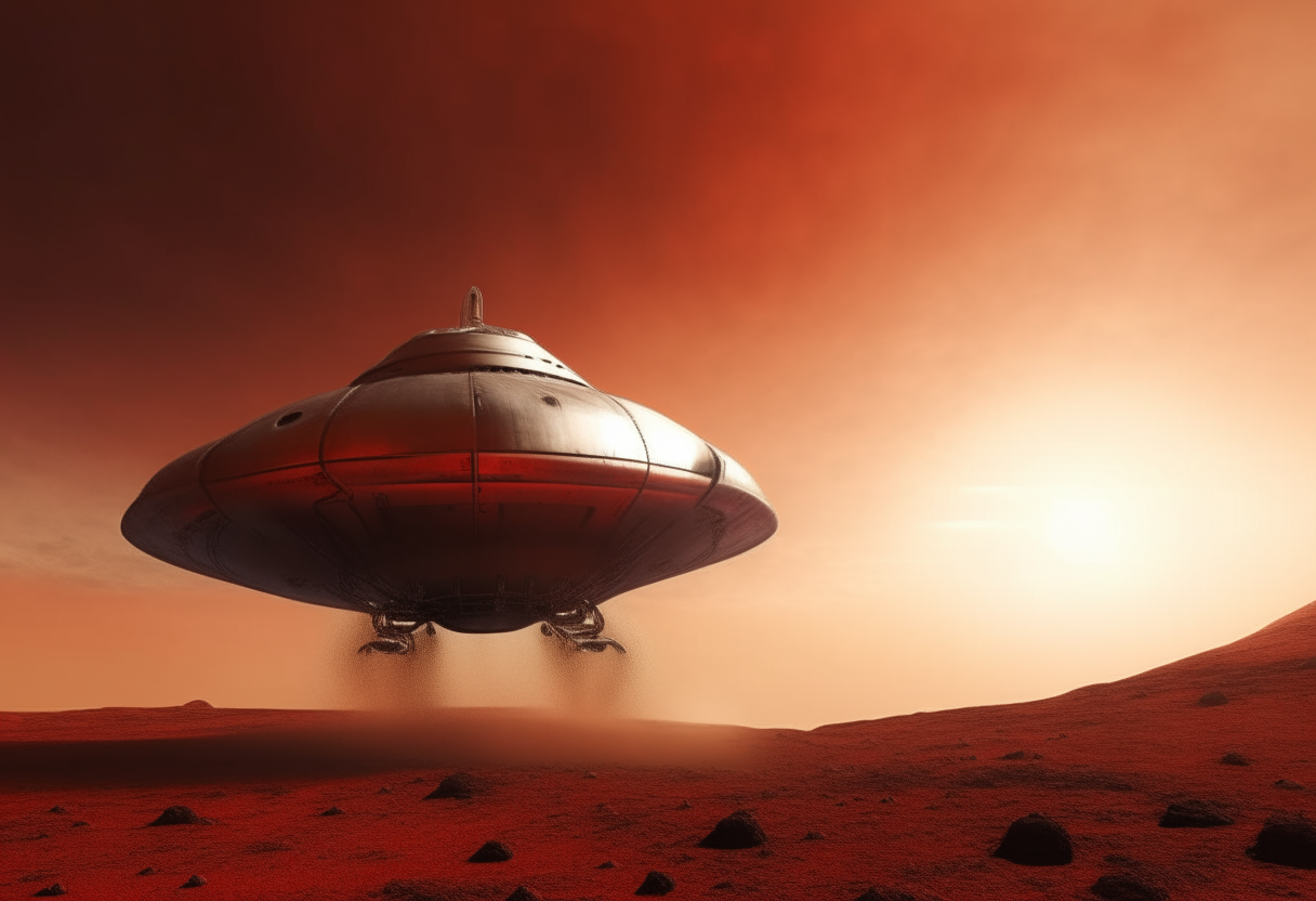 A sleek silver spaceship hovers above the rust-colored surface of Mars, its powerful thrusters kicking up swirling clouds of red dust from below. The peachy glow of the setting sun casts a warm light across the dramatic landscape.