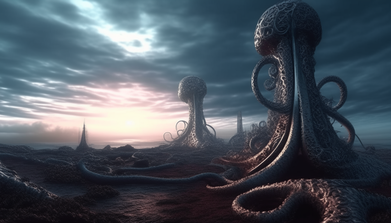 alien landscape made from living liquid chrome particles with biomechanical tentacles stretching into the distance with stormy yet sunsetting sky above, highest level of intricate details, 4K quality, dark sci-fi fantasy style