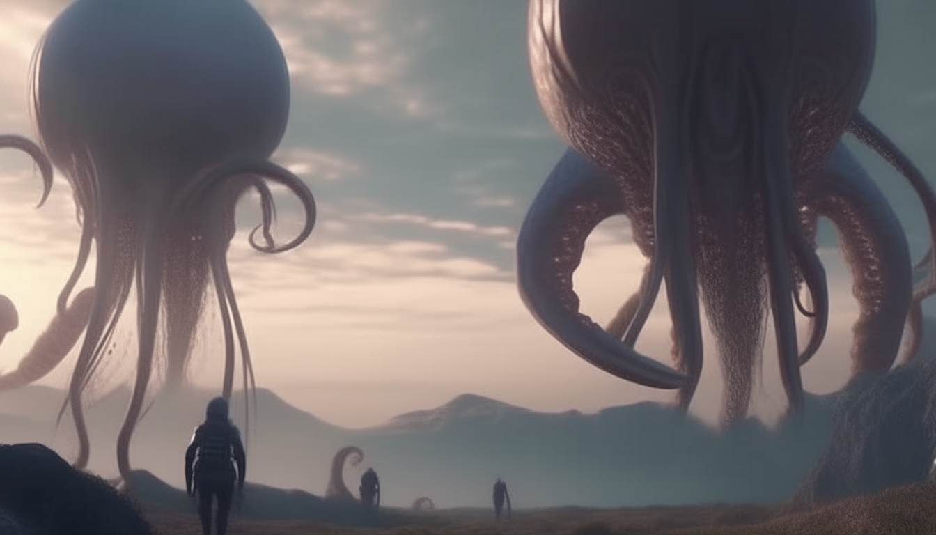 alien landscape stretching into the distance with giant living biomechanical pods with trippod legs walking across the landscape with their tentacles waving in the cosmic sky above, highest level of intricate details, 4K quality, dark sci-fi fantasy style