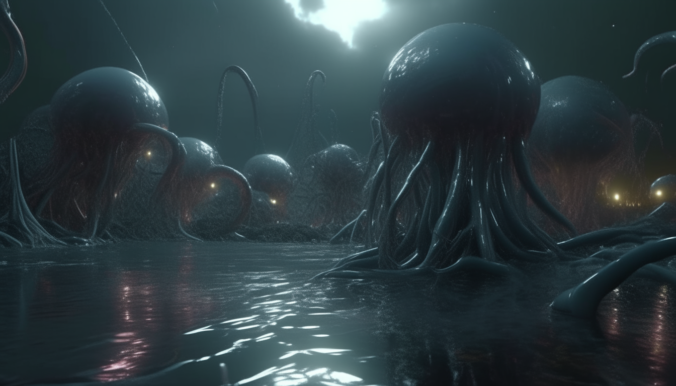 a vast alien landscape made from living alien biomechanical flesh moving and squirming with pulses of electric sparks, reflective pools of liquid chrome, alien tentacles pulling in hovering light spheres from an alien atmosphere, 16:9 aspect ratio, highest level of details, 4K quality, dark sci-fi fantasy style