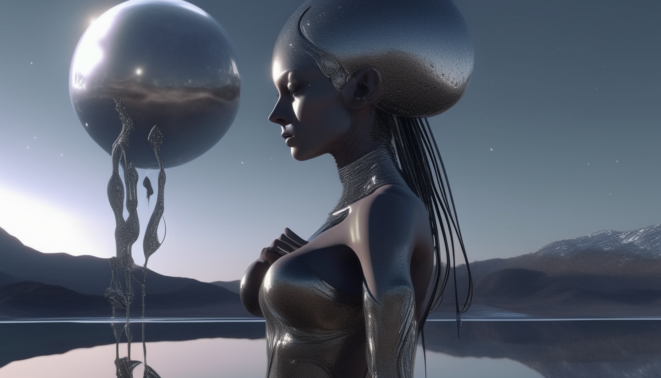 a highly detailed image of a beautiful alien goddess morphed with a silver chrome cyborg looking at an alien landscape with metalic spheres emerging from reflective liquid pools while the moon rises, 16:9 aspect ratio, 4K quality, dark sci-fi fantasy style