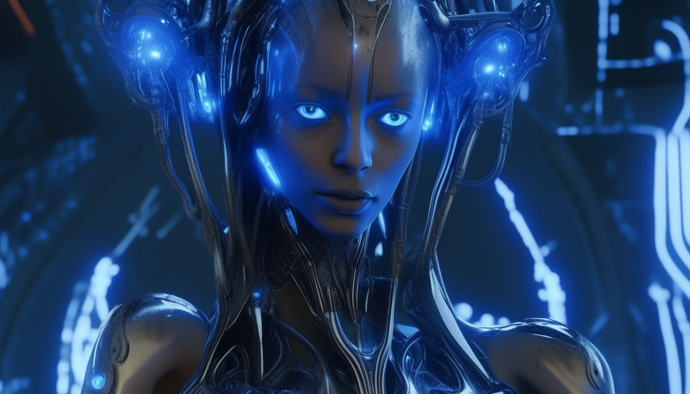 a beautiful alien silver chrome cyborg goddess with glowing electric blue holographic symbols across her, biomechanical alien tendrils wrapping and intwining around her, in the depths of a power chasm, 16:9 aspect ratio, highest level of intricate details, 4k quality, dark sci-fi fantasy style