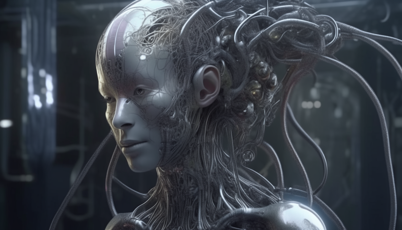 a beautiful alien cyborg with biomechanical tentacles and alien living limbs protruding from her head of silver chrome particles morphing with the alien environment surrounding her, 16:9 aspect ratio, highest level of intricate details, 4K quality, dark sci-fi fantasy style