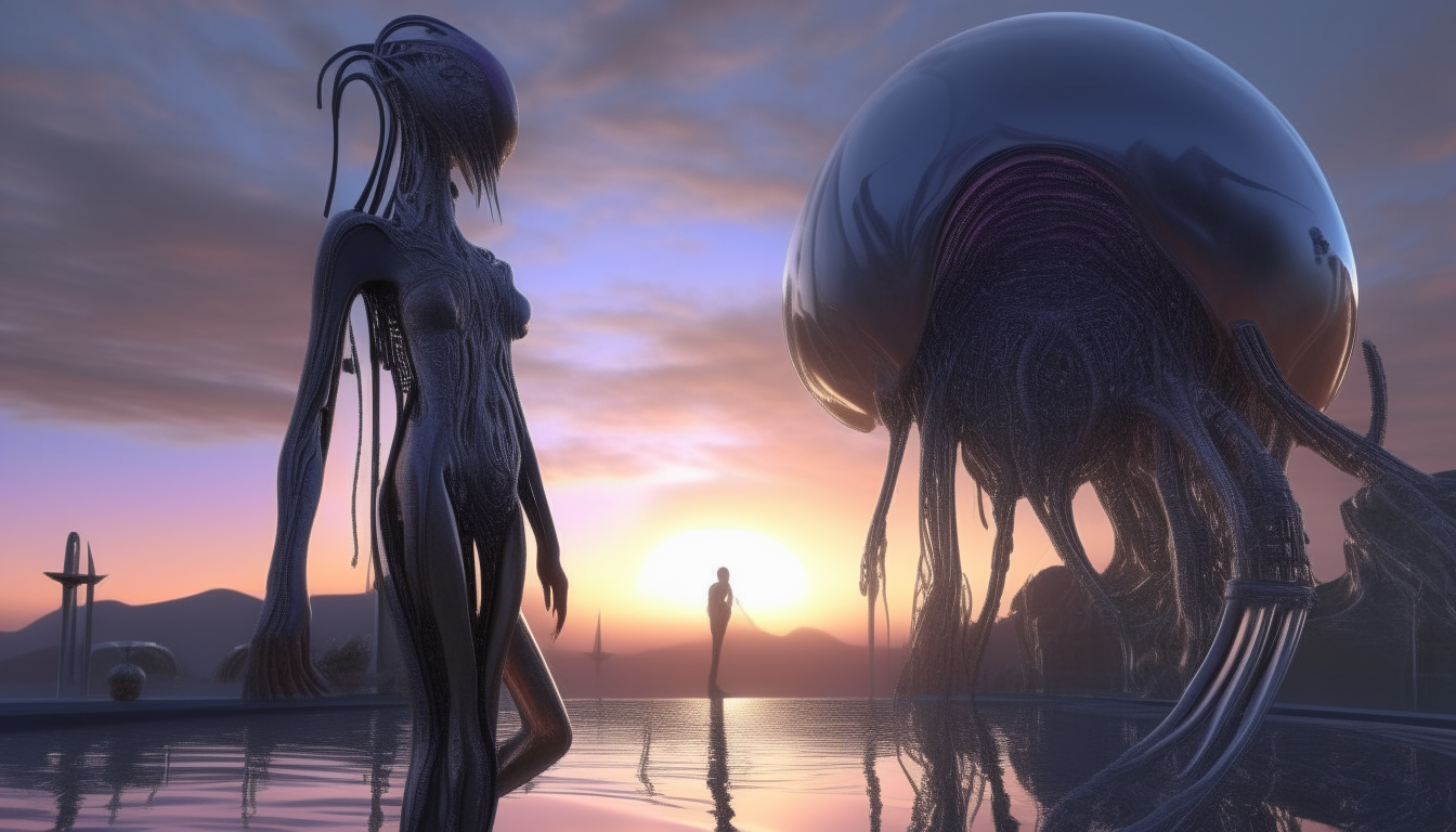 a beautiful alien cyborg goddess looking across an alien landscape with melting silver chrome living tentacled pods emerging from a reflective pool, with a sunsetting sky above, 16:9 aspect ratio, highest level of intricate details, 4k quality, dark sci-fi fantasy style