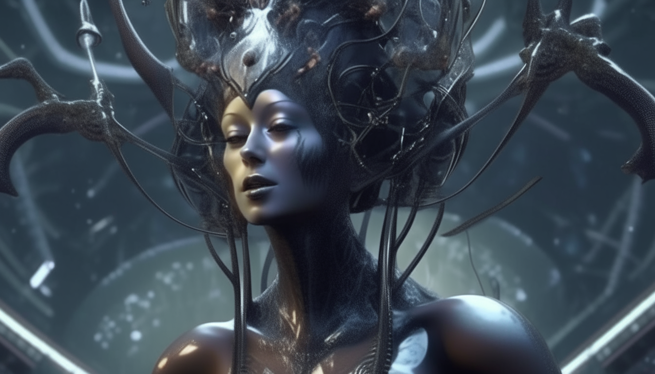 a beautiful alien cyborg goddess with a silver chrome crown of biomechanical tentacles opening up with living alien humming birds emerging from reflective liquid pools, 16:9 aspect ratio, highly detailed, 4k quality, dark sci-fi fantasy style