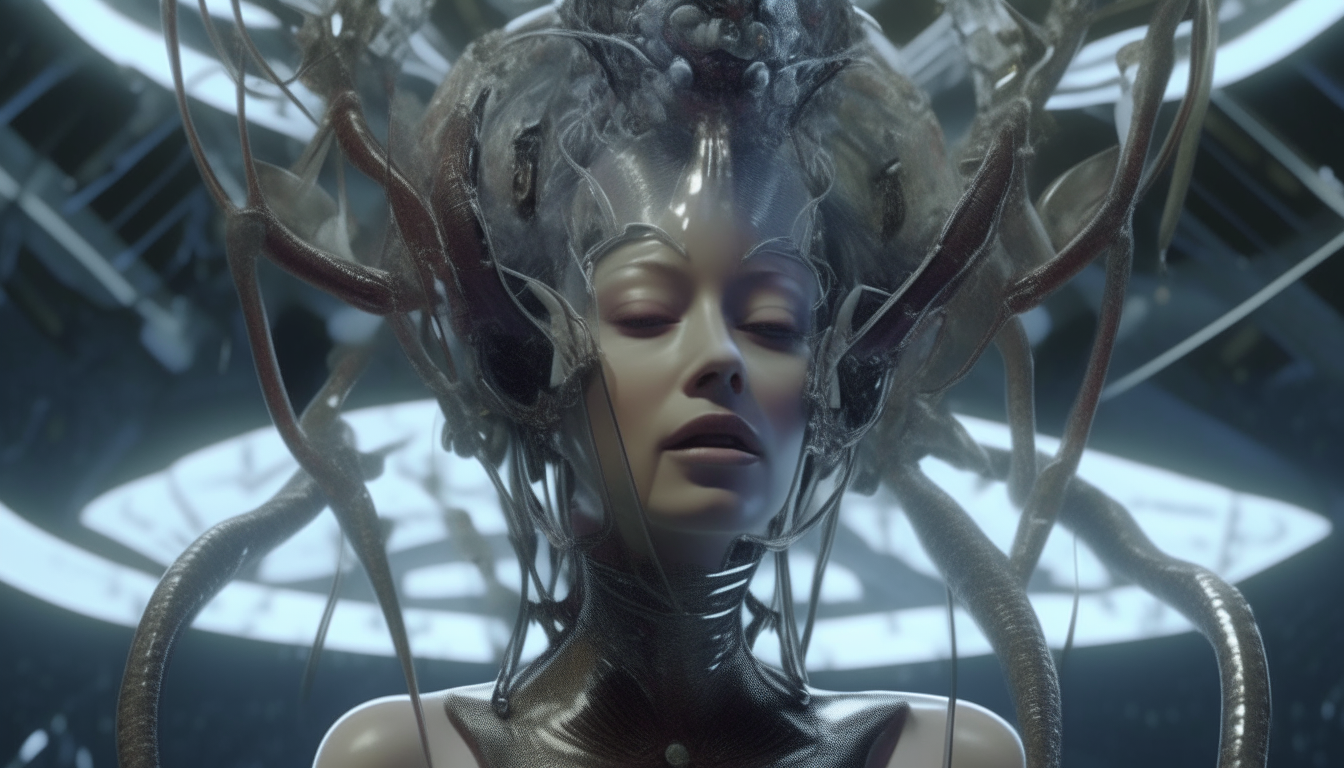 a beautiful alien cyborg goddess wearing a silver chrome crown of biomechanical tentacles opening up with alien humming birds emerging from reflective liquid pools, highly detailed 4k image