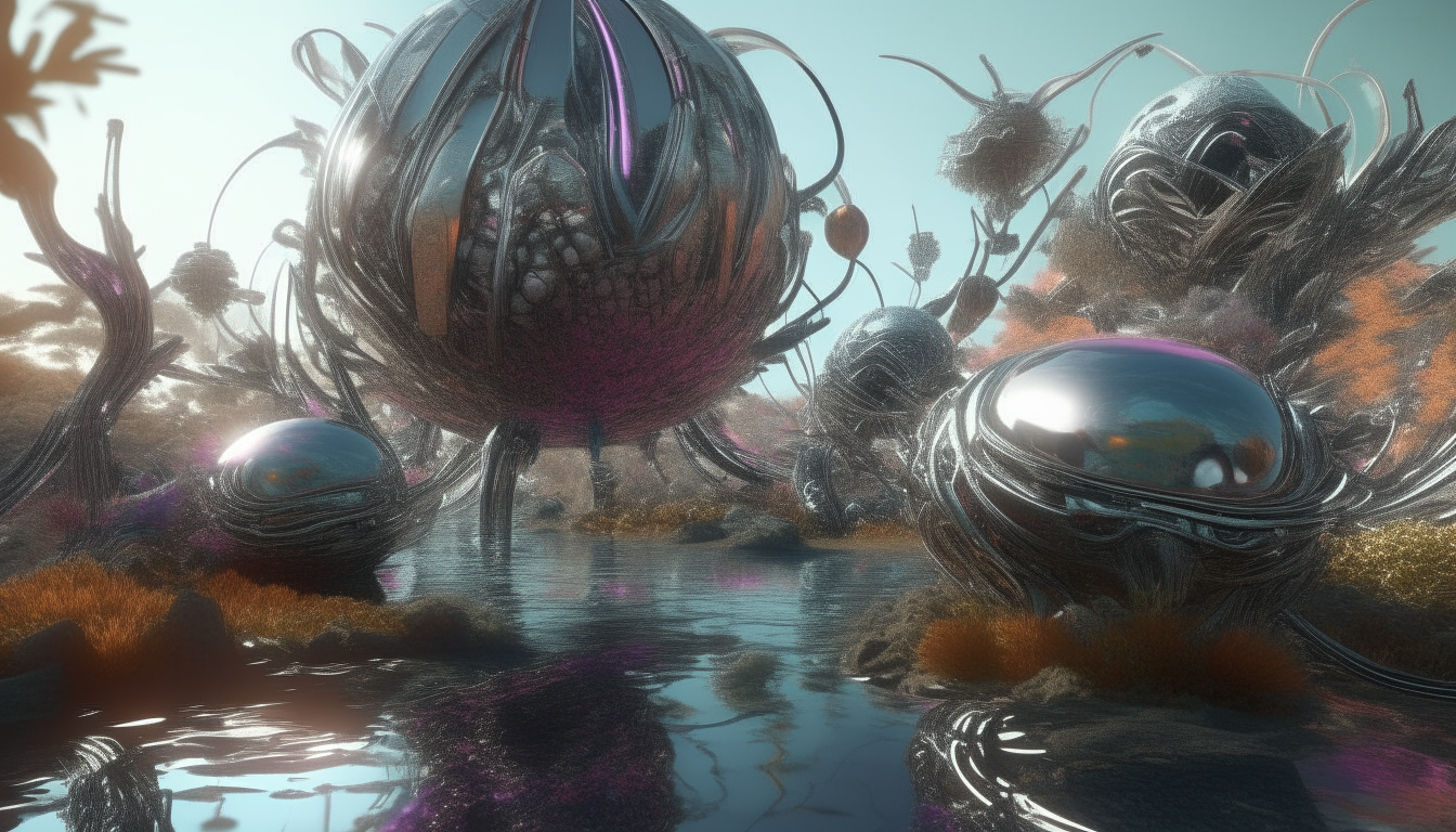 an alien landscape scene with biomechanical pods, silver chrome tentacles, reflective pools, and colorful alien hummingbirds, highly detailed 4k image, 16:9 aspect ratio