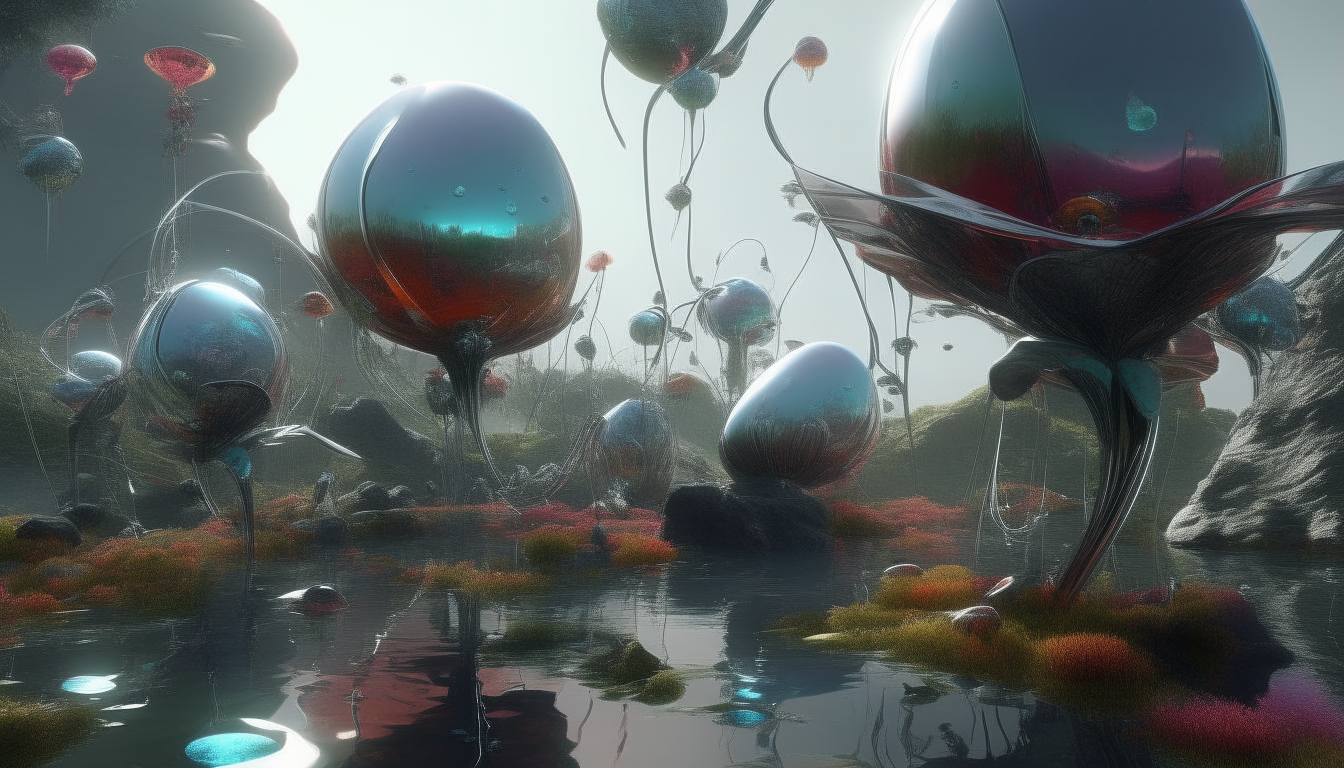 an alien landscape with living biomechanical alien pods with silver chrome tentacles waving around emerging from reflective pools with colourful hummingbirds of alien lifeforms