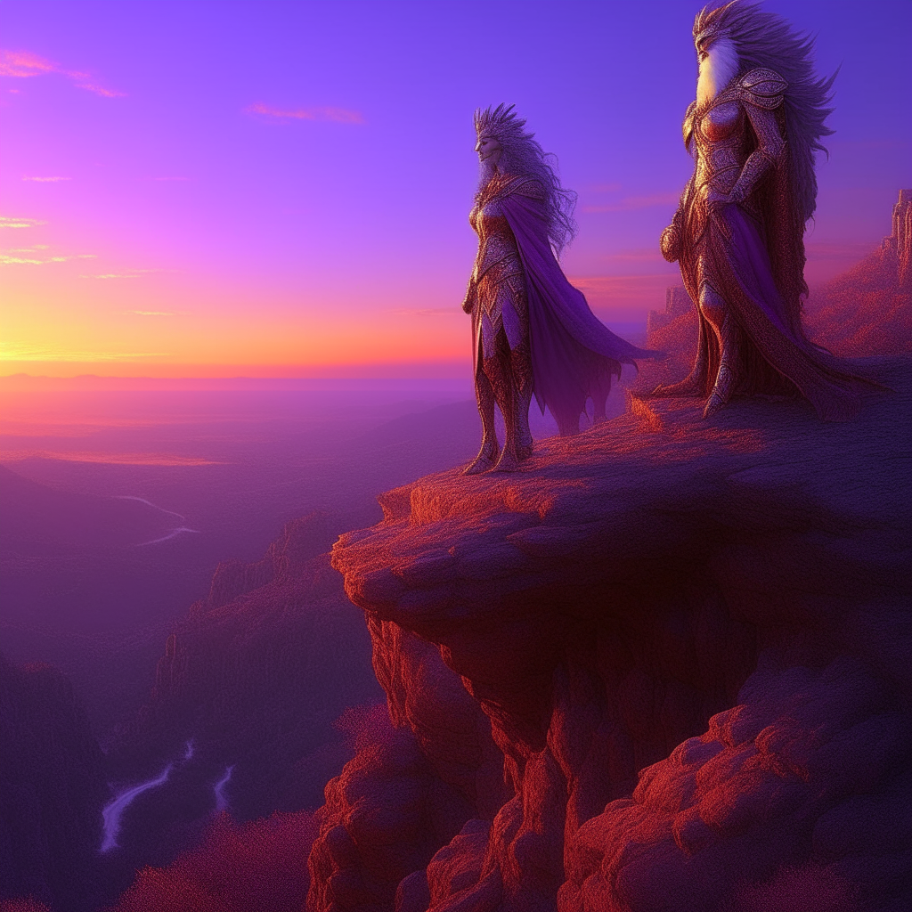 Create an image of a brave princess standing atop a cliff overlooking a vast, magical kingdom with her loyal companion, a wise owl, by her side. The setting sun paints the sky in hues of orange and purple, while fantastical creatures roam the landscape below."