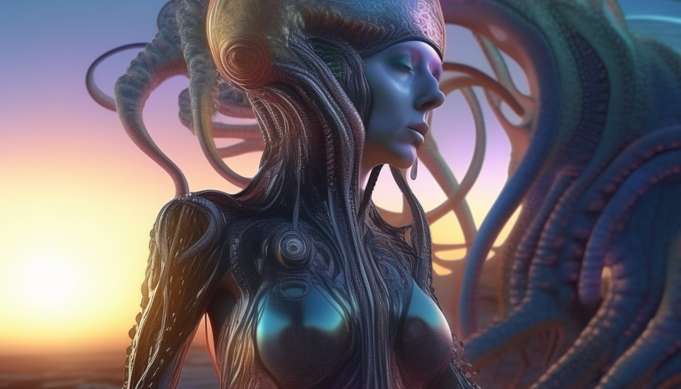 alien landscape strangely made from living squirming colourful tentacles, beautiful alien cyborg Goddess of silver chrome emerging from the tentacles, reflective sunsetting light in the pools of her liquid chrome membranes, highest level of intricate details, 4K quality, dark sci-fi fantasy style