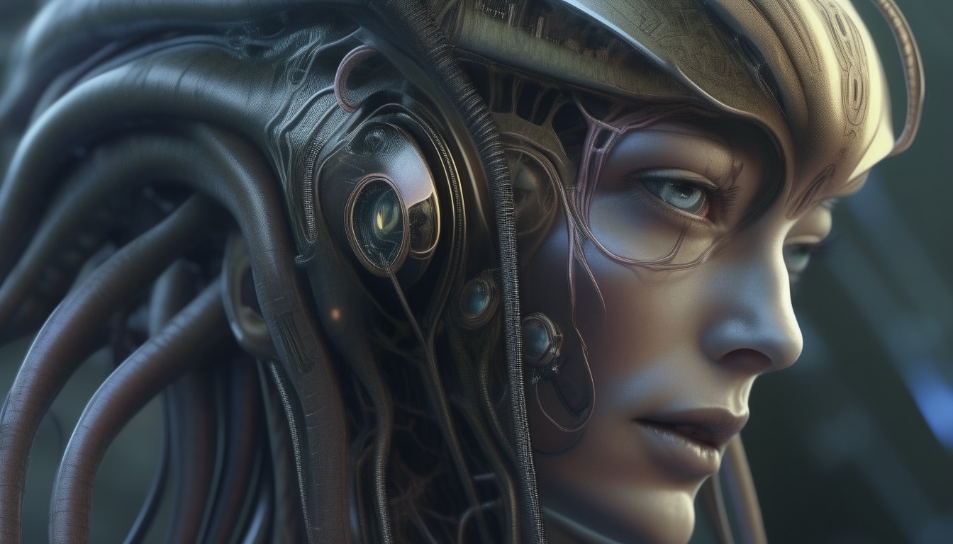 a close up portrait of an alien cyborg goddess, with strange alien biomechanical tentacles emerging from her tears, her eyes reflecting a dark sci fi fantasy alien landscape, highly detailed