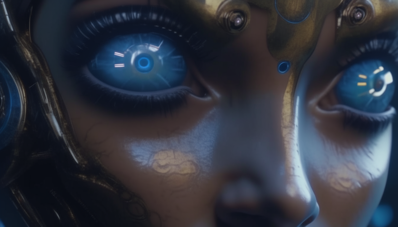 a close up of the eyes of an alien cyborg goddess, reflecting a vividly detailed alien biomechanical landscape, dark sci-fi fantasy style, intricate details, 4k quality