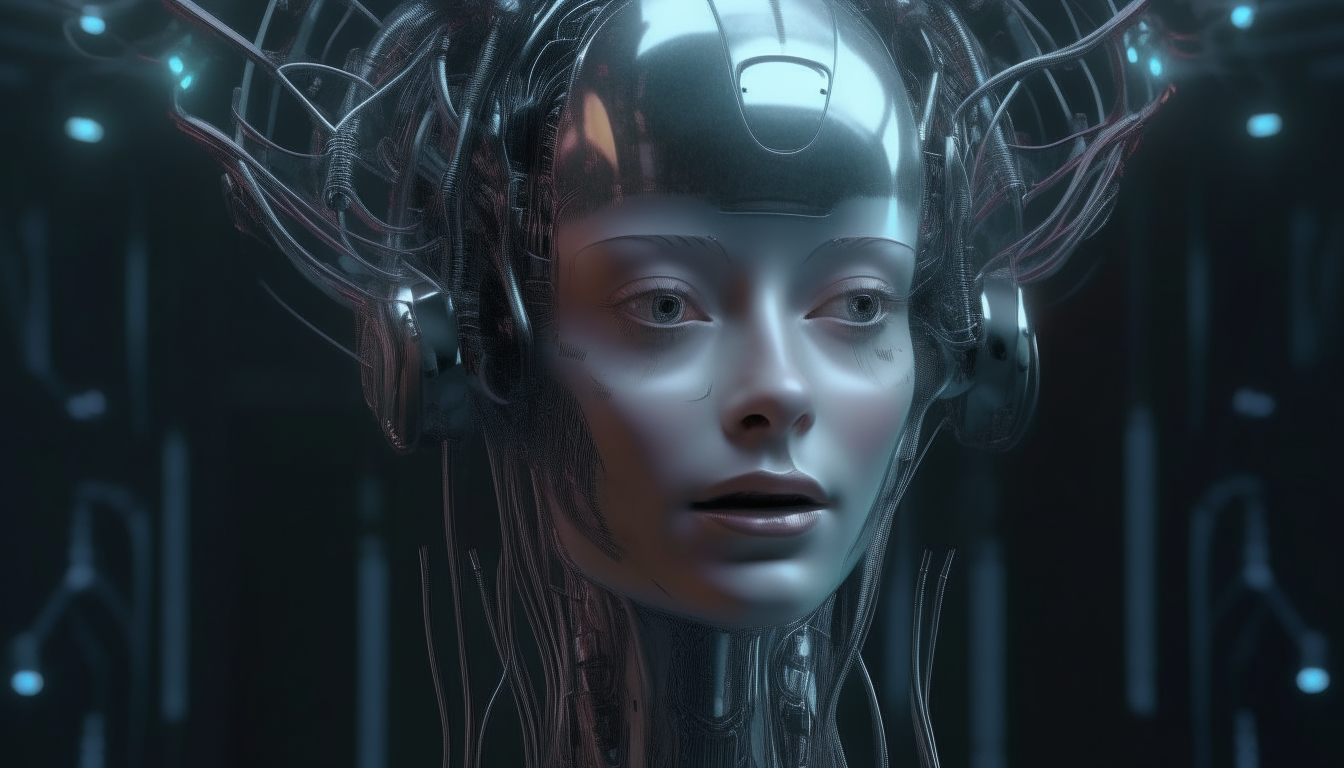 a portrait of a beautiful alien goddess with cyborg parts on her face and a crown of living biomechanical silver chrome pods on her clear head, showing a holographic HUD screen inside her brain, highly detailed, 4k quality, dark sci-fi fantasy style